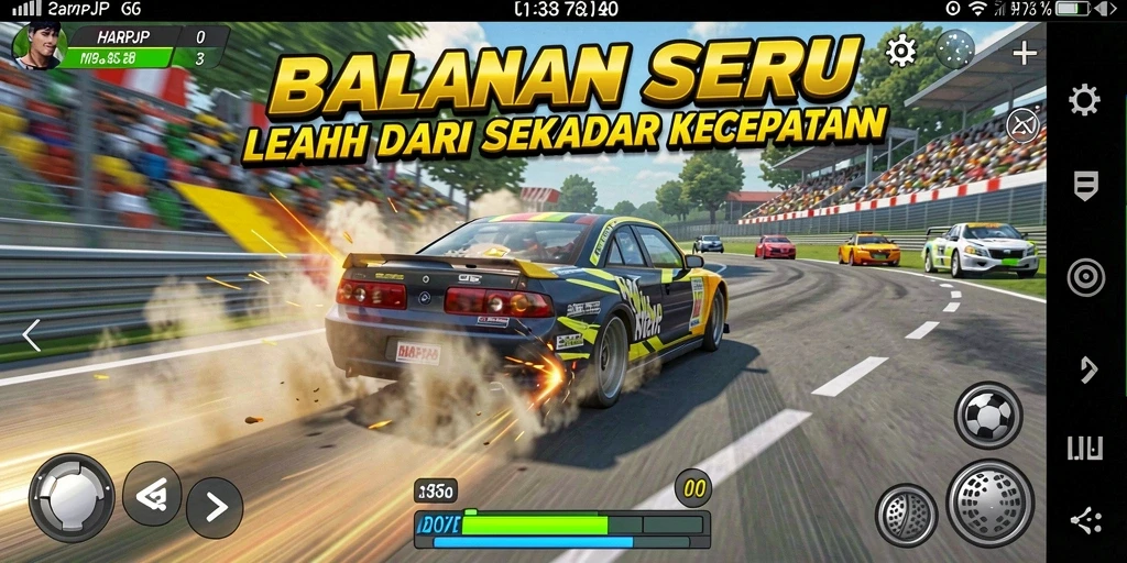 Tampilan mendebarkan dari gameplay balap HARAPJP yang seru dan cepat.