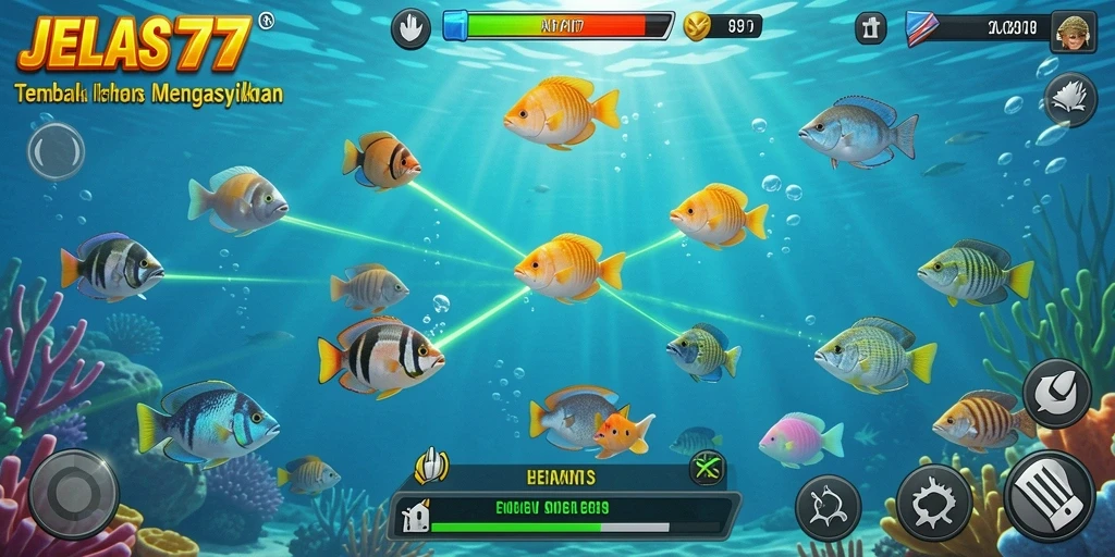 Tampilan gameplay seru JELAS777 dengan berbagai ikan yang menarik.
