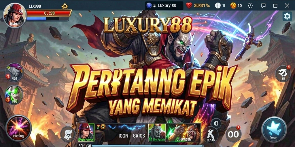 Screenshot utama LUXURY88 menampilkan aksi pertarungan intens dan karakter yang beragam.