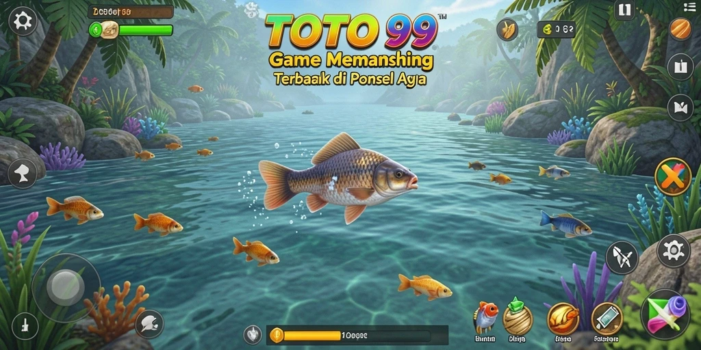 Screenshot gameplay TOTO99 yang menampilkan aksi memancing di lokasi indah.